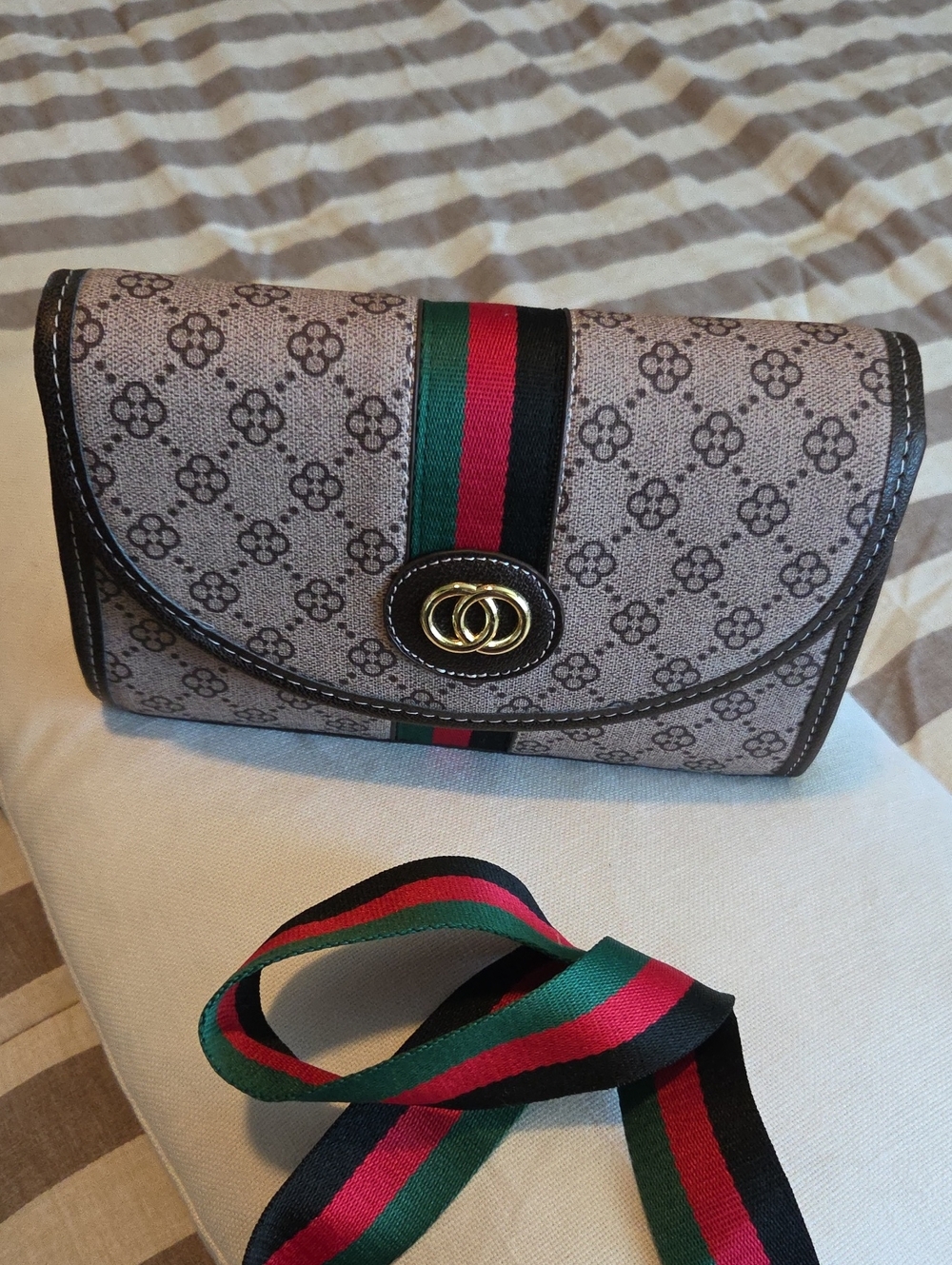 Designer-Inspired Beige Patterned Crossbody Bag with Green-Red Stripe